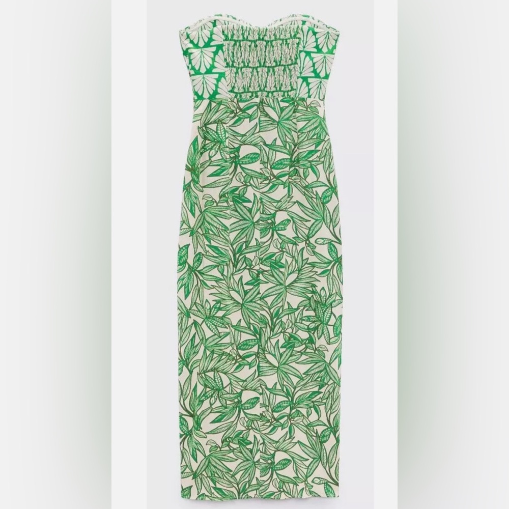 ZARA STRAPLESS PRINTED DRESS GREEN BEIGE TROPICAL BANDEAU size XL